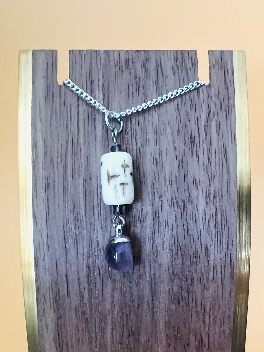 Silver plated Necklace with White Carved Bead and Purple Amethyst Drop